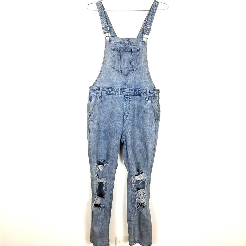 Old Navy‎ Women Acid Wash Denim Overall Sz 14 Blue Denim Distressed